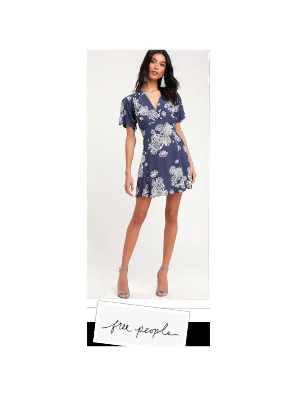 Free People Coastal Cowgirl size S Boho Blue Floral Print Flutter Mini Dress